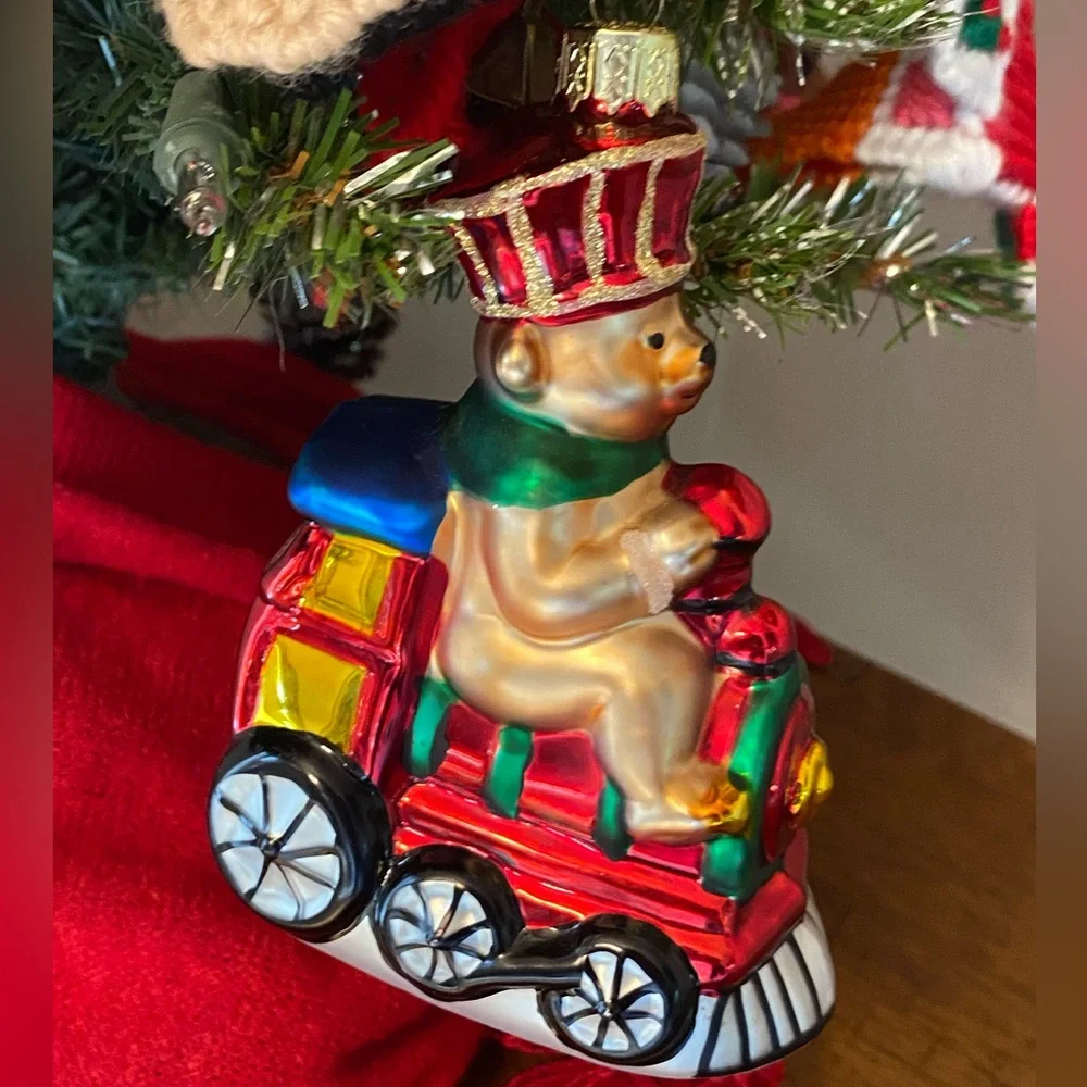 Vtg Lao Mai Christmas Bear Driving Train Glass Ornament